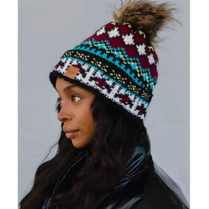 PANACHE Vegan Puff Fur Pom Winter Knit Hat Multi-Color Black